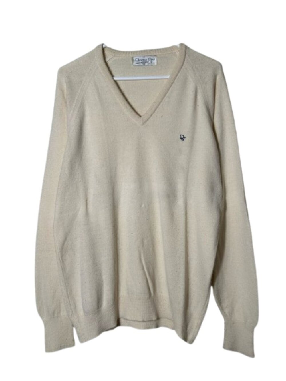 Vintage Christian Dior cream logo v-neck sweater men's L orlan acrylic USA